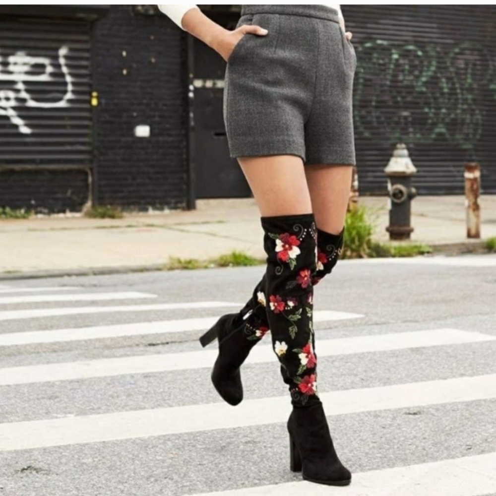 Sam Edelman Vena Women’s  Floral Embroidered Stretch Suede High Boots New